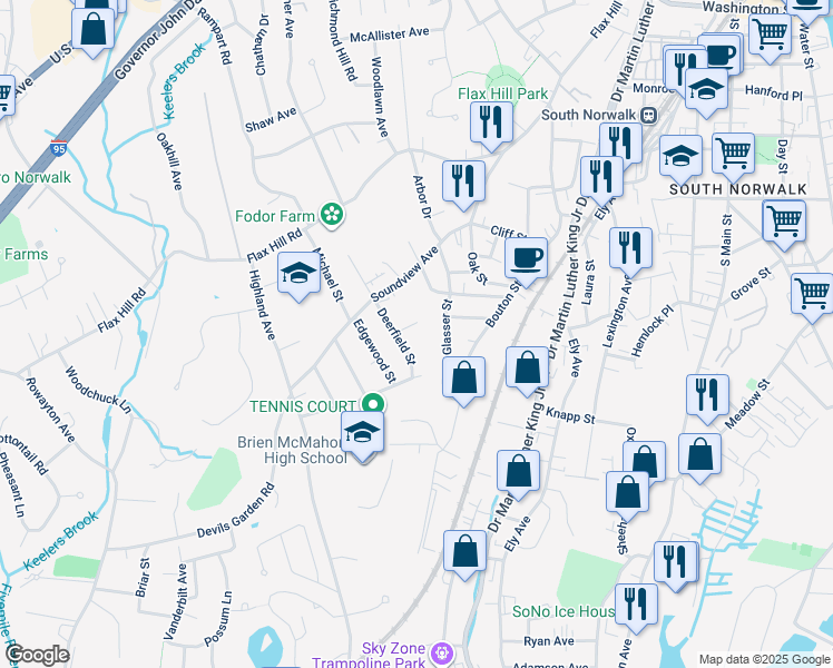 map of restaurants, bars, coffee shops, grocery stores, and more near 8 Earl Street in Norwalk