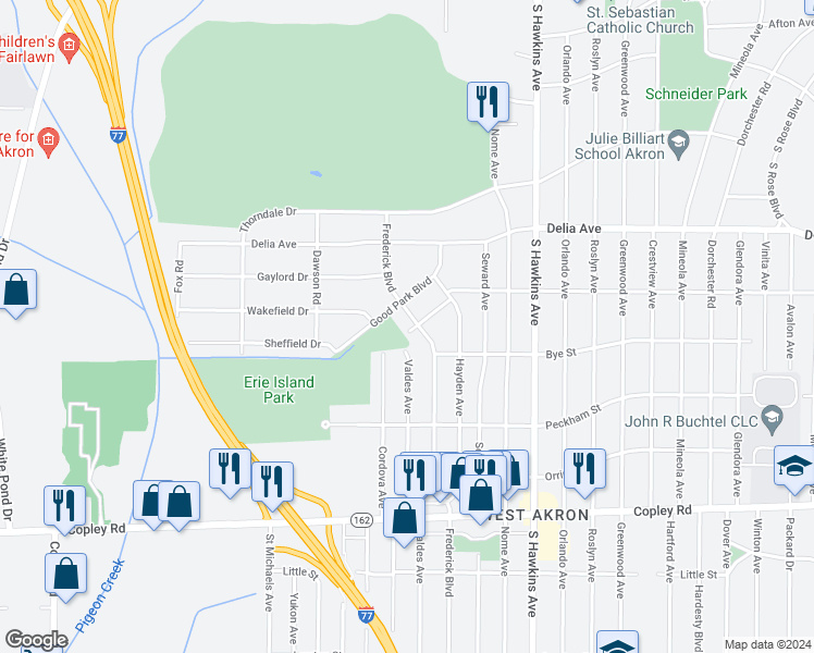 map of restaurants, bars, coffee shops, grocery stores, and more near 1607 Stadelman Avenue in Akron