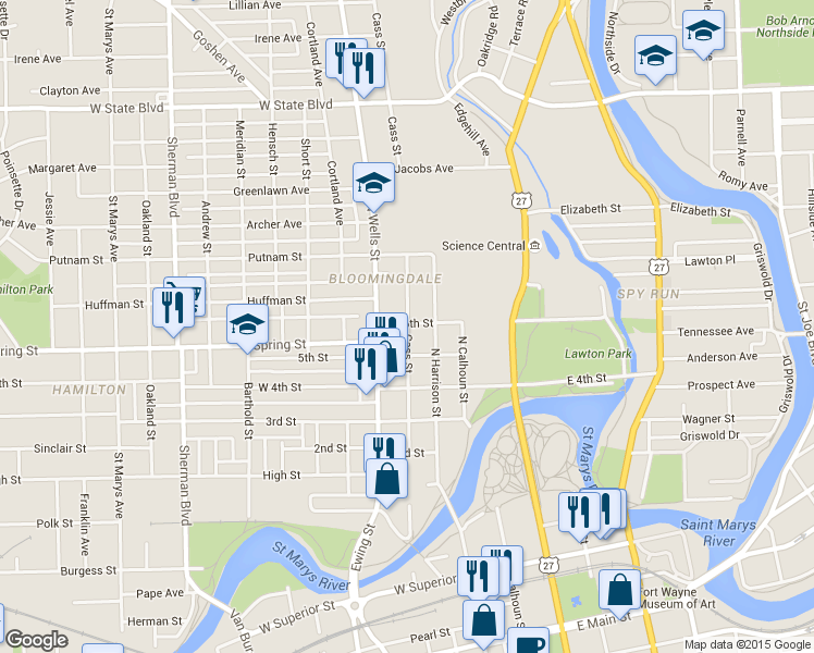 map of restaurants, bars, coffee shops, grocery stores, and more near 1633 Cass Street in Fort Wayne