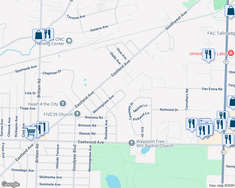 map of restaurants, bars, coffee shops, grocery stores, and more near 1043 Morningview Avenue in Akron