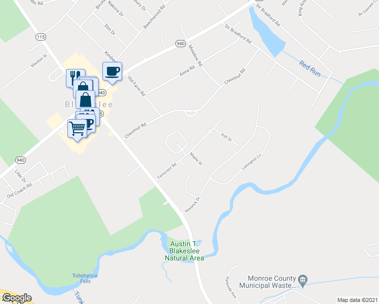 map of restaurants, bars, coffee shops, grocery stores, and more near Ferncrest Road in Blakeslee