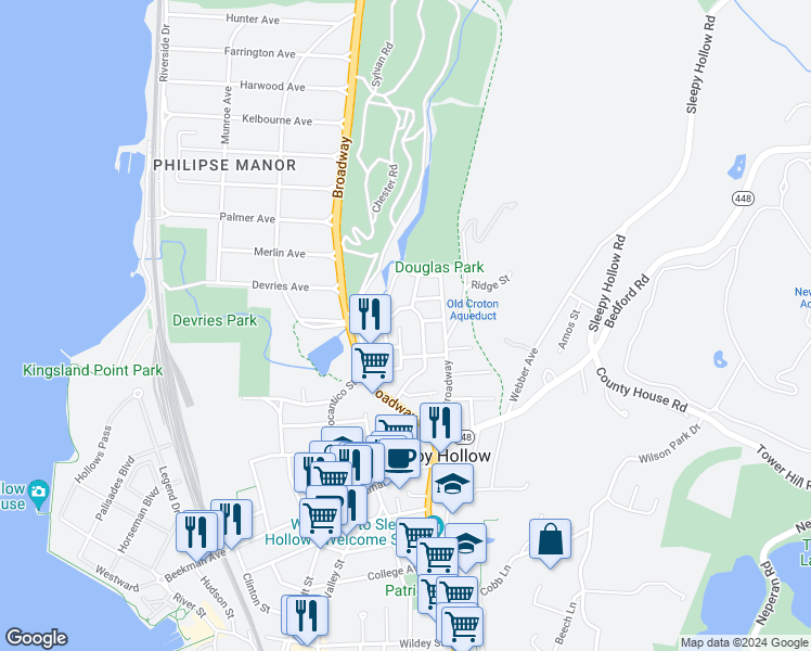 map of restaurants, bars, coffee shops, grocery stores, and more near 132 Van Tassel Avenue in Sleepy Hollow