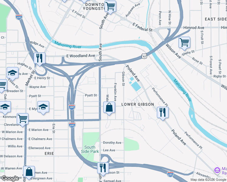 map of restaurants, bars, coffee shops, grocery stores, and more near 914 Franklin Avenue in Youngstown