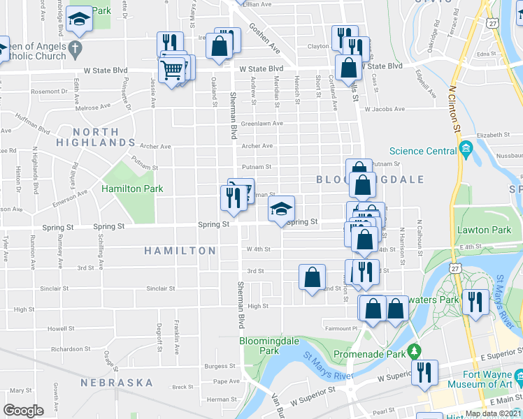 map of restaurants, bars, coffee shops, grocery stores, and more near 1618 Andrew Street in Fort Wayne