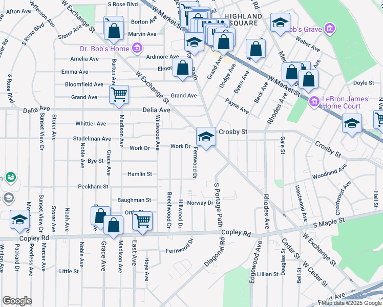 map of restaurants, bars, coffee shops, grocery stores, and more near 312 Fernwood Drive in Akron
