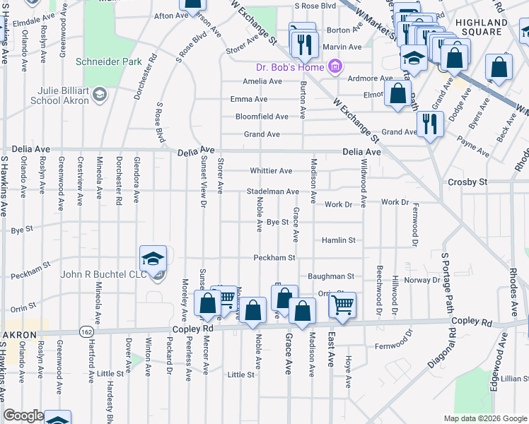 map of restaurants, bars, coffee shops, grocery stores, and more near 295 Noble Avenue in Akron