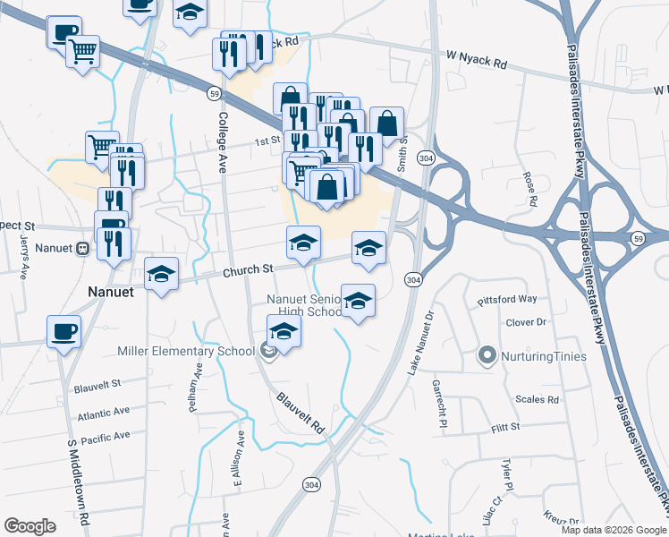 map of restaurants, bars, coffee shops, grocery stores, and more near 117 Church Street in Nanuet