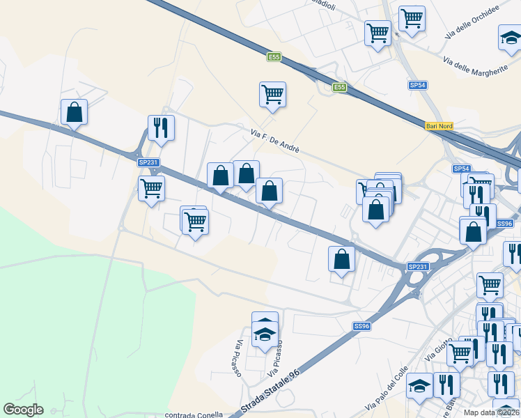 map of restaurants, bars, coffee shops, grocery stores, and more near 37 Strada Provinciale 231 in Modugno