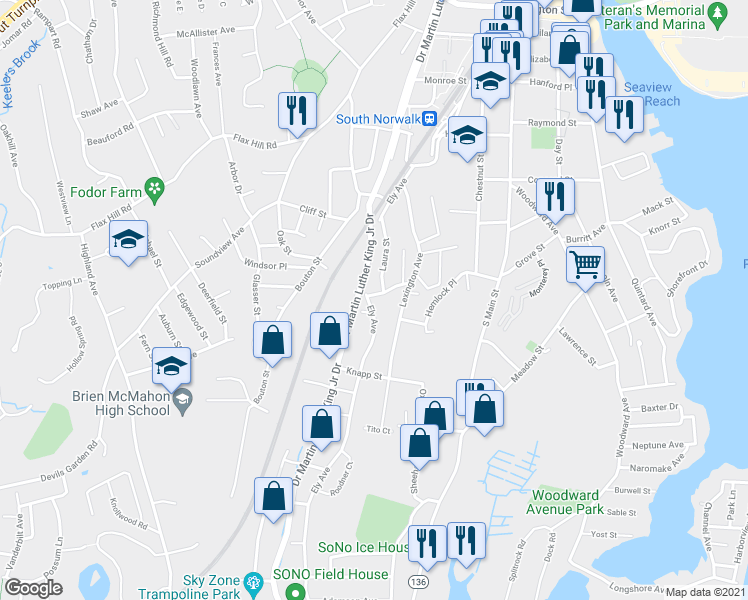 map of restaurants, bars, coffee shops, grocery stores, and more near 187 Ely Avenue in Norwalk