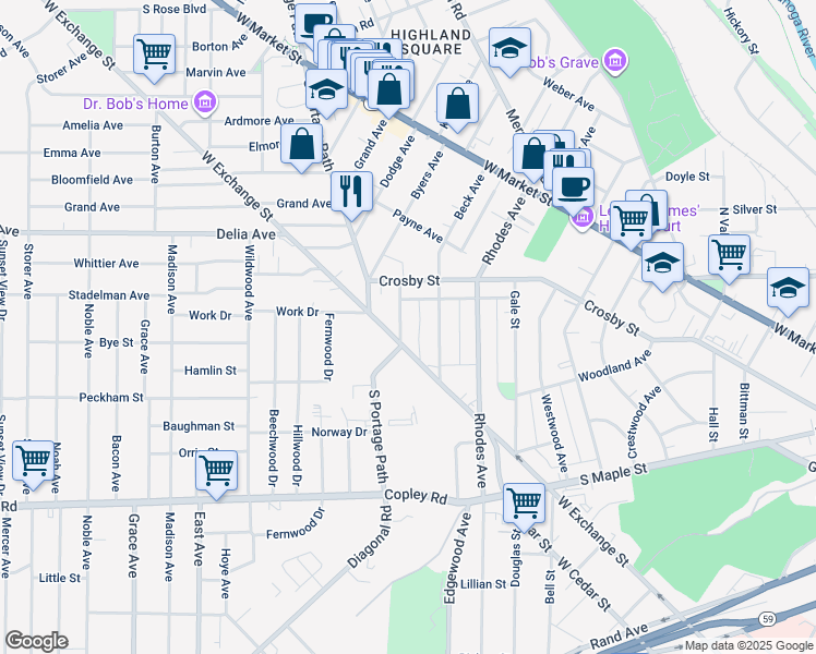 map of restaurants, bars, coffee shops, grocery stores, and more near 185 Hyde Avenue in Akron