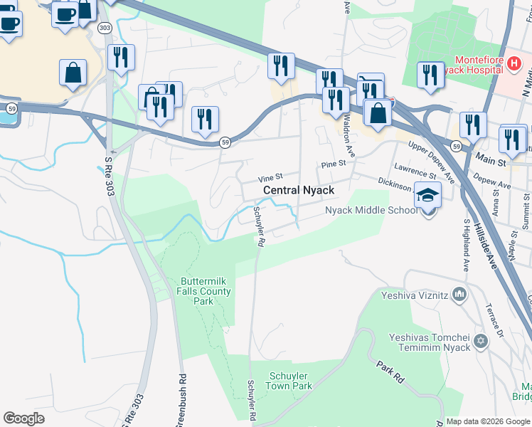 map of restaurants, bars, coffee shops, grocery stores, and more near 4 Schuyler Road in Nyack