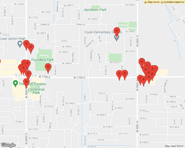 map of restaurants, bars, coffee shops, grocery stores, and more near 1412 West 1700 South in Syracuse
