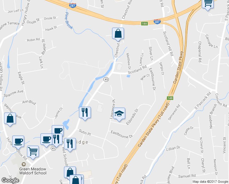 map of restaurants, bars, coffee shops, grocery stores, and more near 4 Roxbury Court in Spring Valley