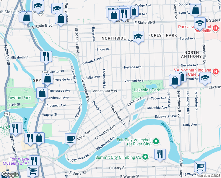 map of restaurants, bars, coffee shops, grocery stores, and more near 1057 Tennessee Avenue in Fort Wayne