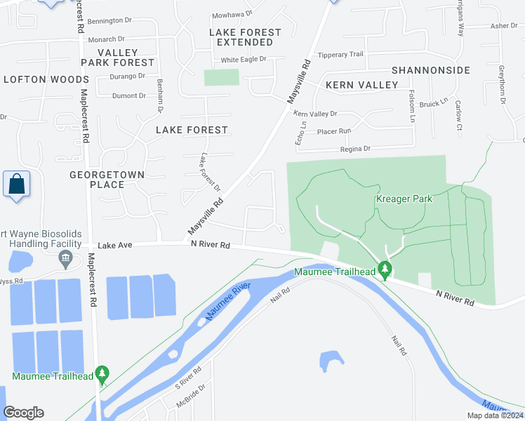 map of restaurants, bars, coffee shops, grocery stores, and more near 6908 Lake Forest Village Circle in Fort Wayne