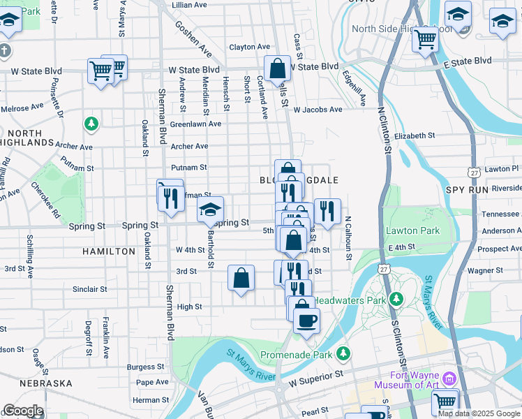 map of restaurants, bars, coffee shops, grocery stores, and more near 1629 Beach Street in Fort Wayne