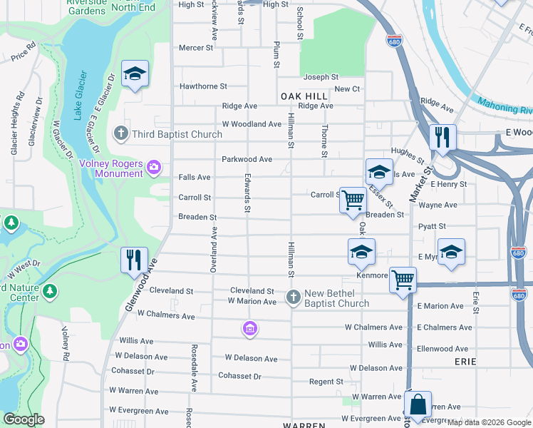 map of restaurants, bars, coffee shops, grocery stores, and more near 336 Breaden Street in Youngstown
