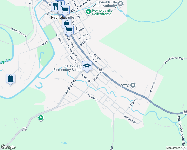 map of restaurants, bars, coffee shops, grocery stores, and more near 941 Deitz Street in Reynoldsville