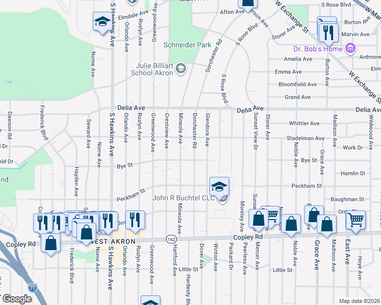 map of restaurants, bars, coffee shops, grocery stores, and more near 536 Dorchester Road in Akron