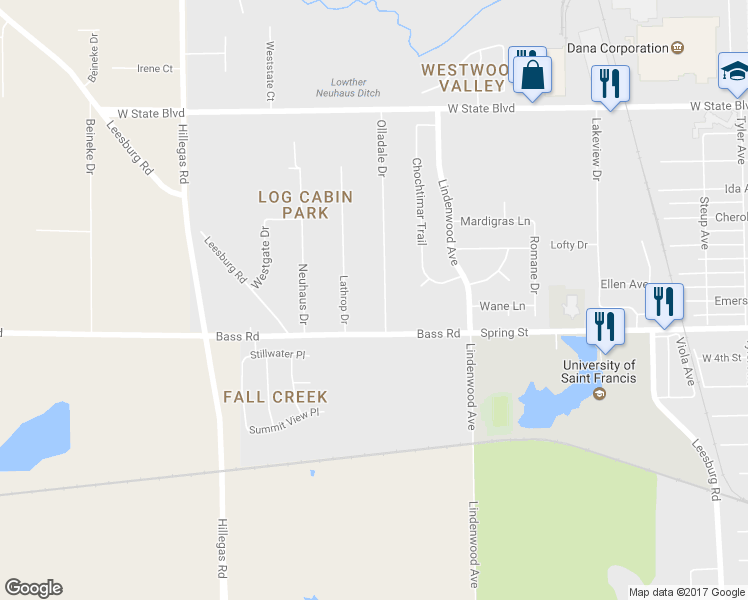 map of restaurants, bars, coffee shops, grocery stores, and more near 1639 Olladale Drive in Fort Wayne