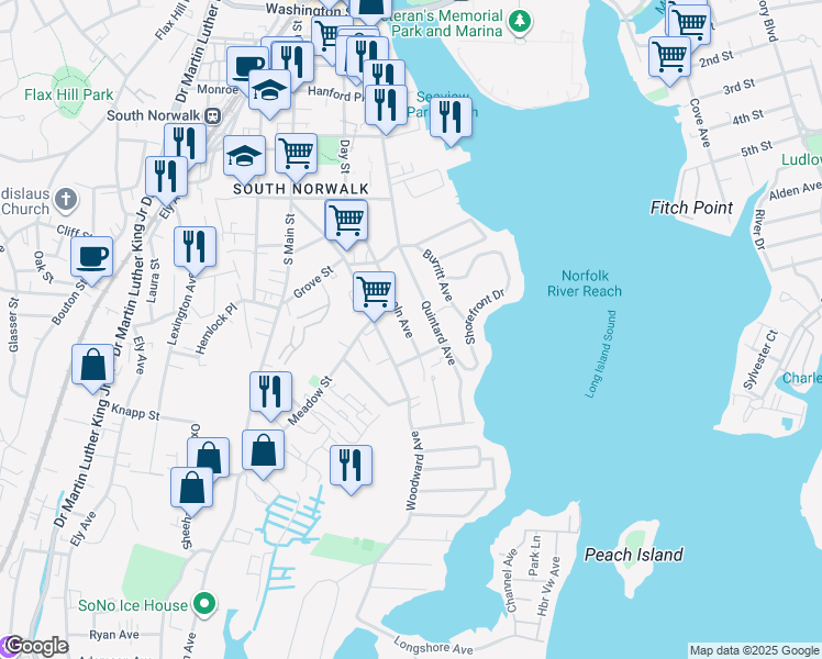 map of restaurants, bars, coffee shops, grocery stores, and more near 30 Lincoln Avenue in Norwalk
