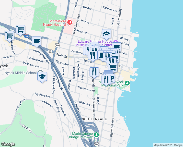 map of restaurants, bars, coffee shops, grocery stores, and more near 100 Nyack Plaza in Nyack
