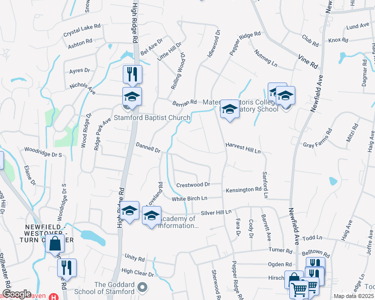 map of restaurants, bars, coffee shops, grocery stores, and more near 70 Fawn Drive in Stamford