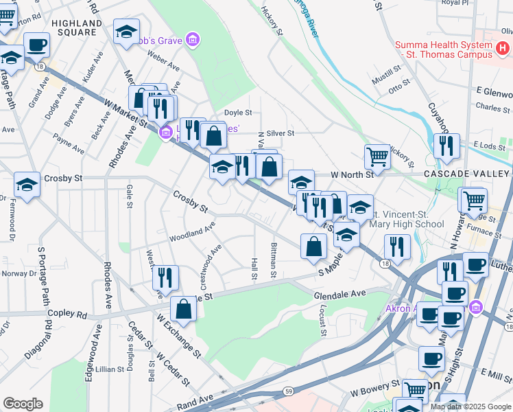 map of restaurants, bars, coffee shops, grocery stores, and more near 25 South Valley Street in Akron