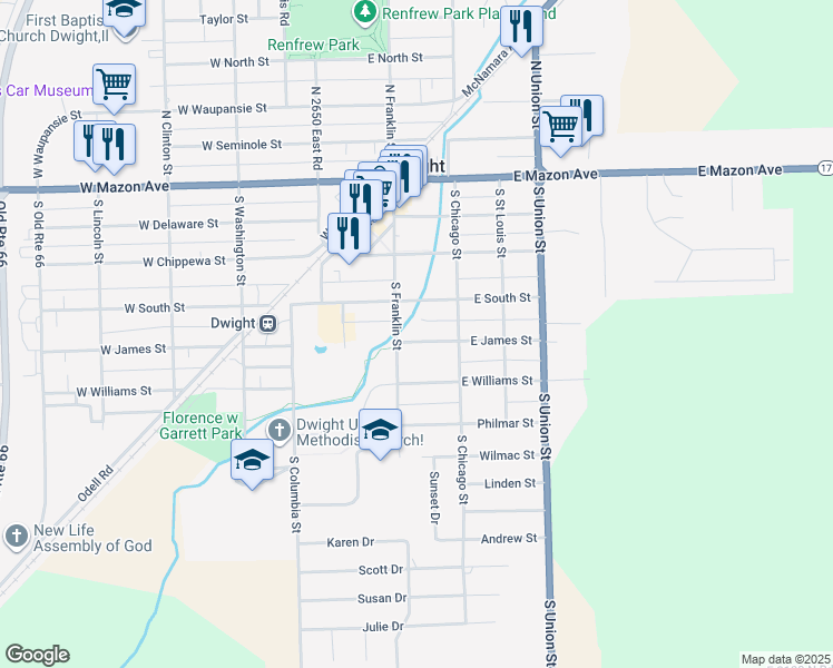 map of restaurants, bars, coffee shops, grocery stores, and more near 206 East James Street in Dwight