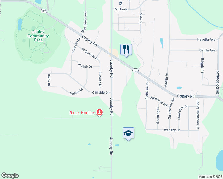 map of restaurants, bars, coffee shops, grocery stores, and more near 1558 Jacoby Road in Akron