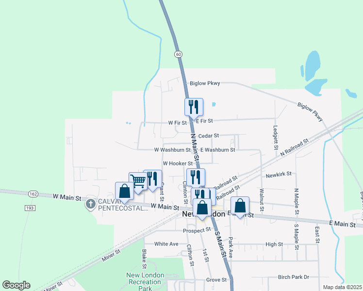map of restaurants, bars, coffee shops, grocery stores, and more near 29 Westwood Drive in New London