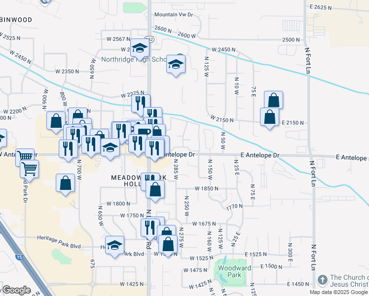 map of restaurants, bars, coffee shops, grocery stores, and more near 256 Antelope Drive in Layton