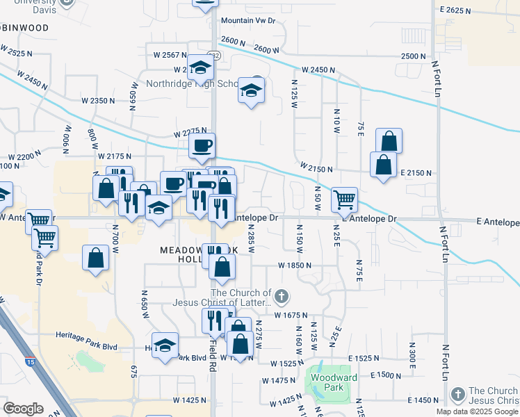 map of restaurants, bars, coffee shops, grocery stores, and more near 256 Antelope Drive in Layton