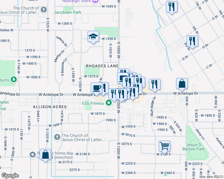 map of restaurants, bars, coffee shops, grocery stores, and more near 1102 West 1700 South in Syracuse