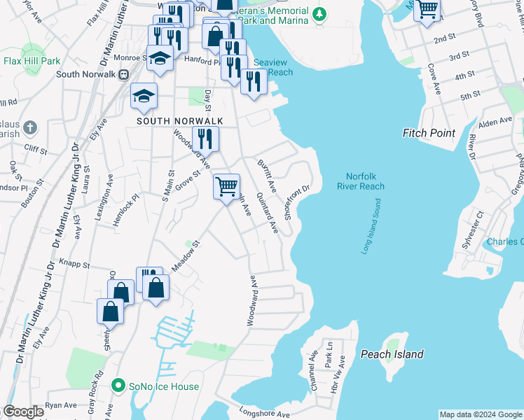 map of restaurants, bars, coffee shops, grocery stores, and more near 40 Quintard Avenue in Norwalk
