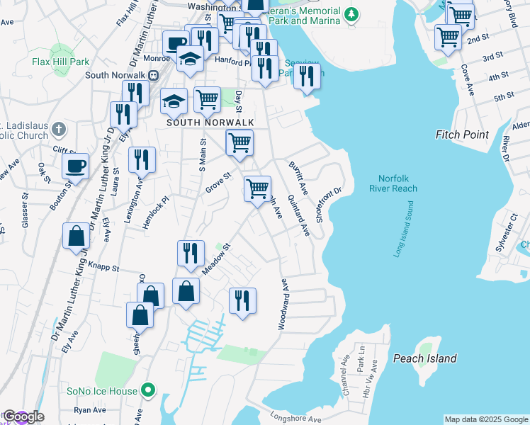 map of restaurants, bars, coffee shops, grocery stores, and more near 81 Woodward Avenue in Norwalk