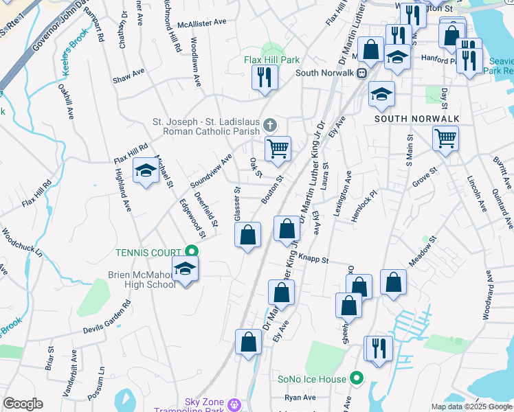 map of restaurants, bars, coffee shops, grocery stores, and more near 50 Bouton Street in Norwalk