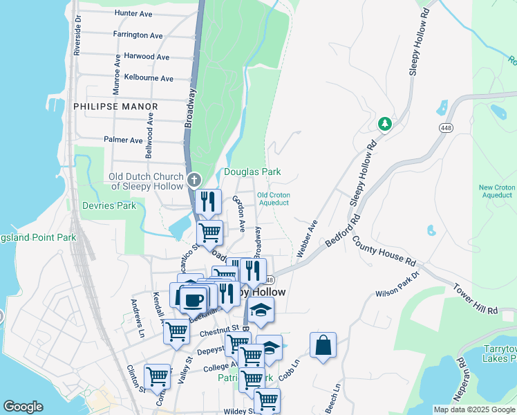 map of restaurants, bars, coffee shops, grocery stores, and more near 89 New Broadway in Sleepy Hollow