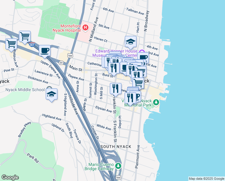 map of restaurants, bars, coffee shops, grocery stores, and more near 100 Nyack Plaza in Nyack