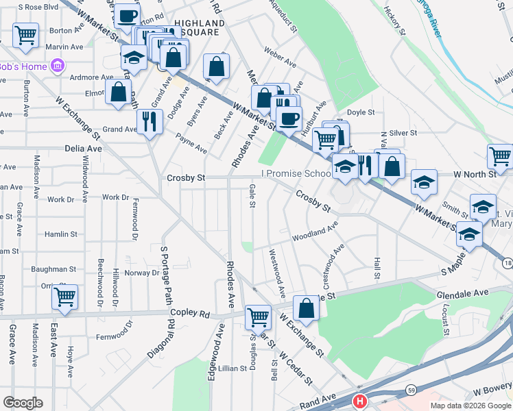 map of restaurants, bars, coffee shops, grocery stores, and more near in Akron