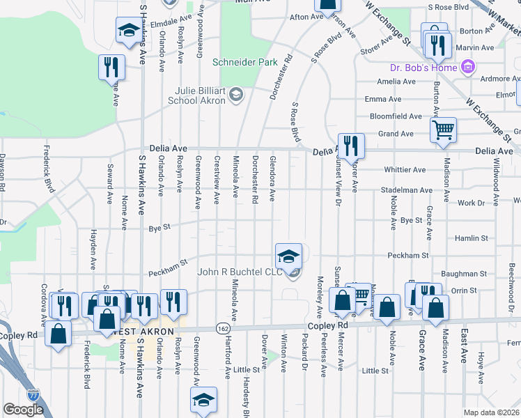 map of restaurants, bars, coffee shops, grocery stores, and more near 536 Dorchester Road in Akron