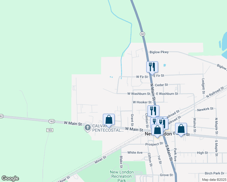 map of restaurants, bars, coffee shops, grocery stores, and more near 44 West Washburn Street in New London