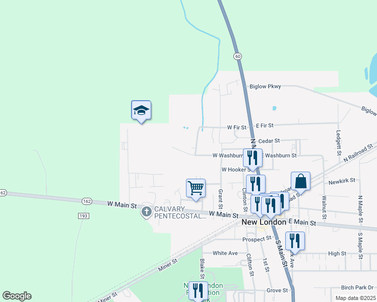 map of restaurants, bars, coffee shops, grocery stores, and more near 55 West Washburn Street in New London