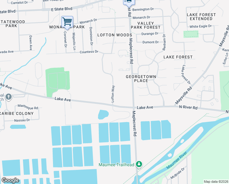map of restaurants, bars, coffee shops, grocery stores, and more near 1408 Lofton Way in Fort Wayne
