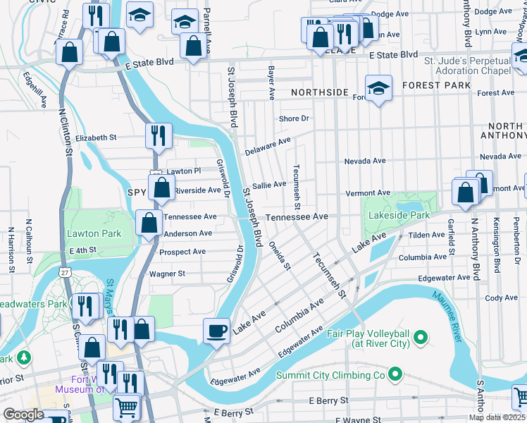 map of restaurants, bars, coffee shops, grocery stores, and more near 915 Tennessee Avenue in Fort Wayne