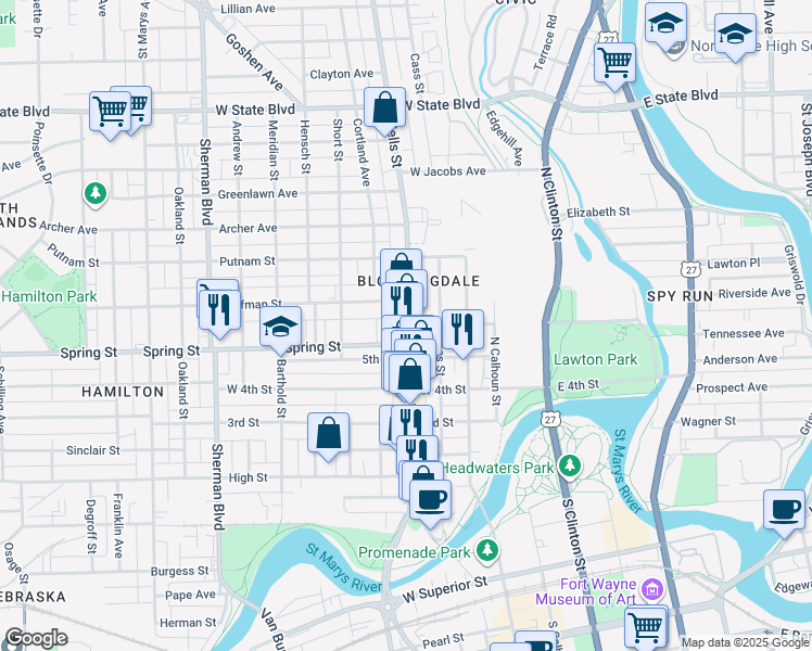 map of restaurants, bars, coffee shops, grocery stores, and more near 1627 Wells Street in Fort Wayne