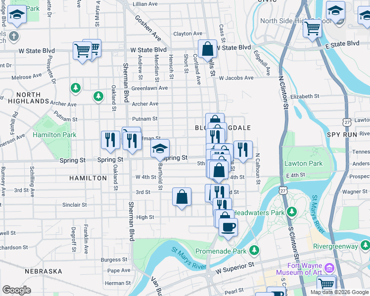 map of restaurants, bars, coffee shops, grocery stores, and more near 1618 Kelly Drive in Fort Wayne