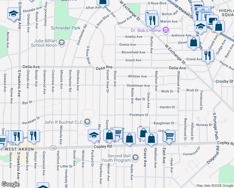 map of restaurants, bars, coffee shops, grocery stores, and more near 469 Storer Avenue in Akron