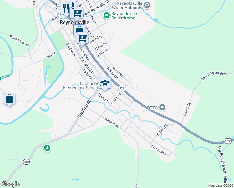 map of restaurants, bars, coffee shops, grocery stores, and more near 941-955 Deitz Street in Reynoldsville