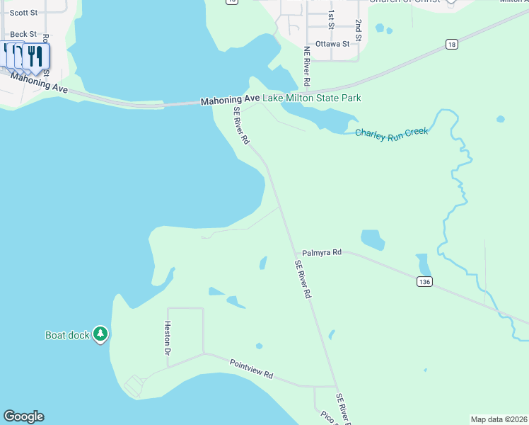 map of restaurants, bars, coffee shops, grocery stores, and more near 352 Southeast River Road in Lake Milton